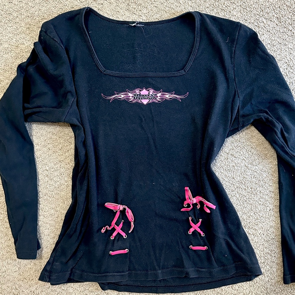Vtg Black and pink Harley Davidson lace up top, leather bows M-L women’s biker